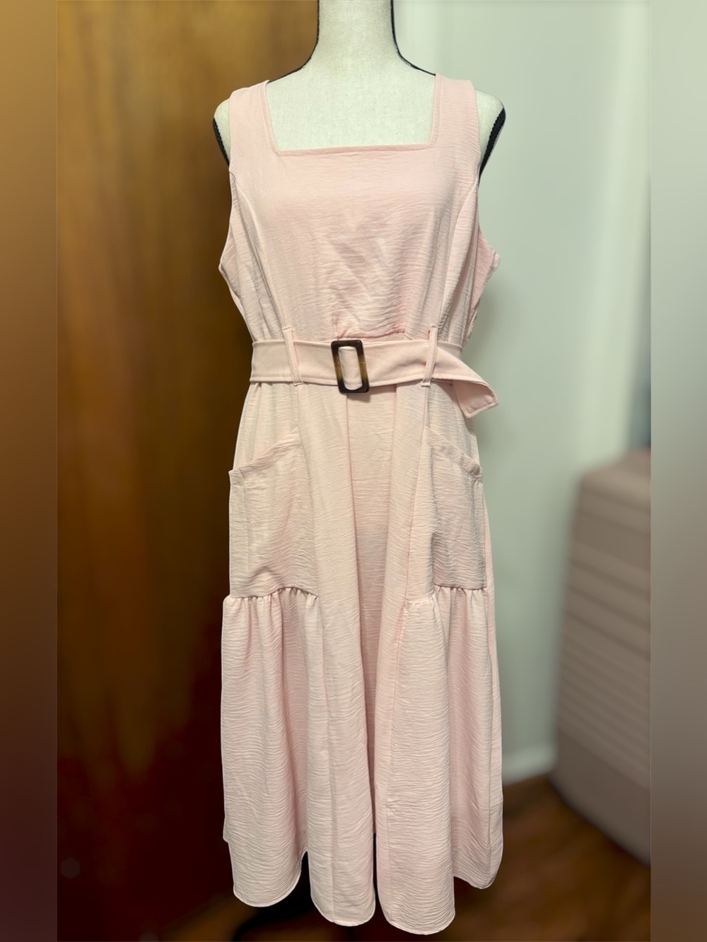 Nina Leonard Blush Pink Sleeveless Belted Midi Dress